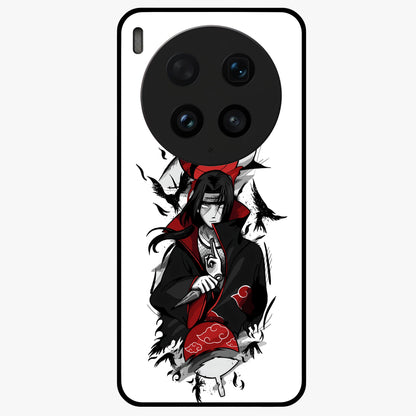 Itachi Sharingan Glass Case showing flat back view with powerful anime eye artwork and glossy glass finish.
