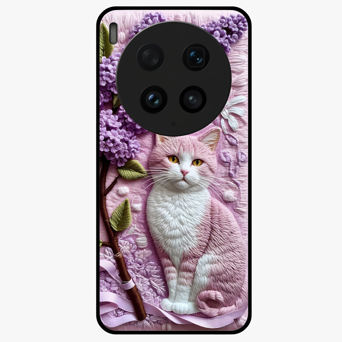 Lavender Cat Whimsy Glass Case showing flat back view with cute lavender cat artwork and glossy glass finish.
