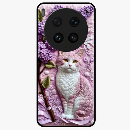 Lavender Cat Whimsy Glass Case showing flat back view with cute lavender cat artwork and glossy glass finish.