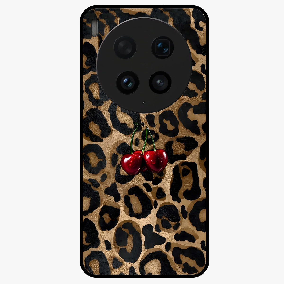 Leopard Wild Cherry Glass Case showing flat back view with leopard pattern and cherry artwork and glossy glass finish.
