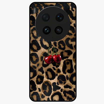 Leopard Wild Cherry Glass Case showing flat back view with leopard pattern and cherry artwork and glossy glass finish.