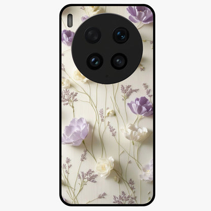 Lilac Breeze Harmony Glass Case showing flat back view with soft lilac themed artwork and glossy glass finish.