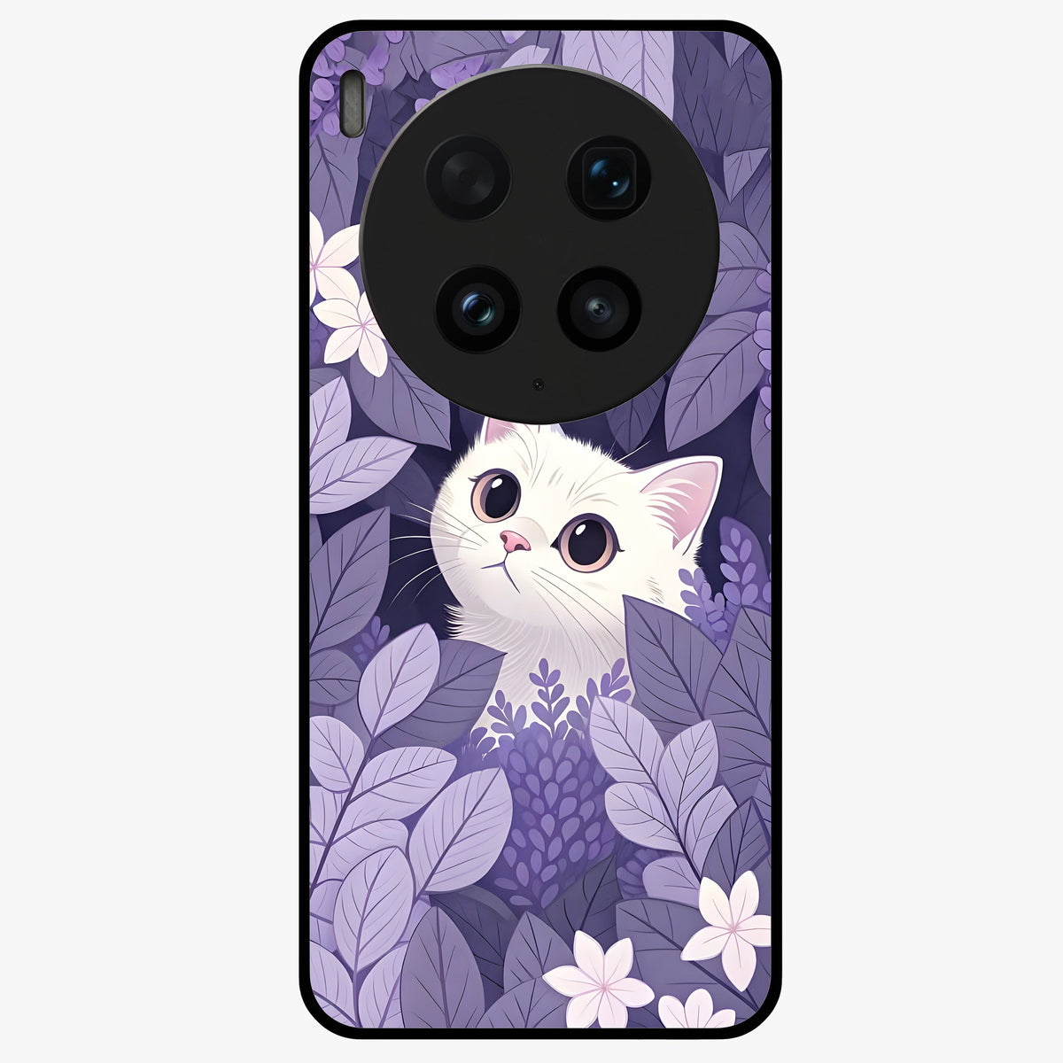 Lilac Hide Peek Cat Glass Case showing flat back view with cute peeking cat artwork and glossy glass finish.