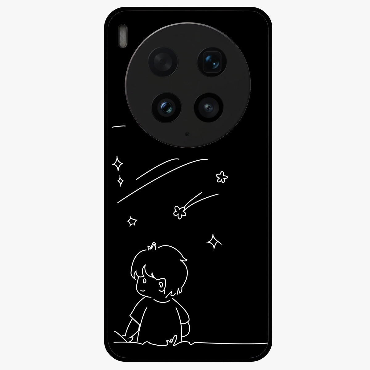 Line Art Boy With Shooting Stars Glass Case showing flat back view with minimal line art boy and shooting stars illustration and glossy glass finish.
