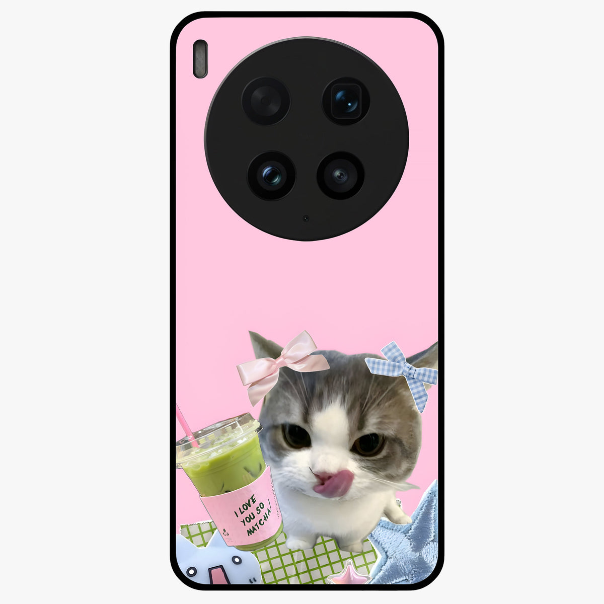 Love Matcha Cat Glass Case showing flat back view with cute cat and matcha themed artwork and glossy glass finish.