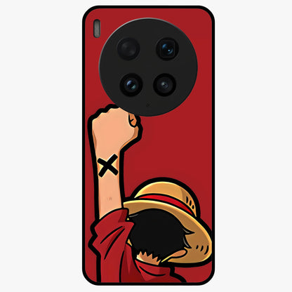 Luffy X Spirit Glass Case showing flat back view with bold anime character artwork and glossy glass finish.