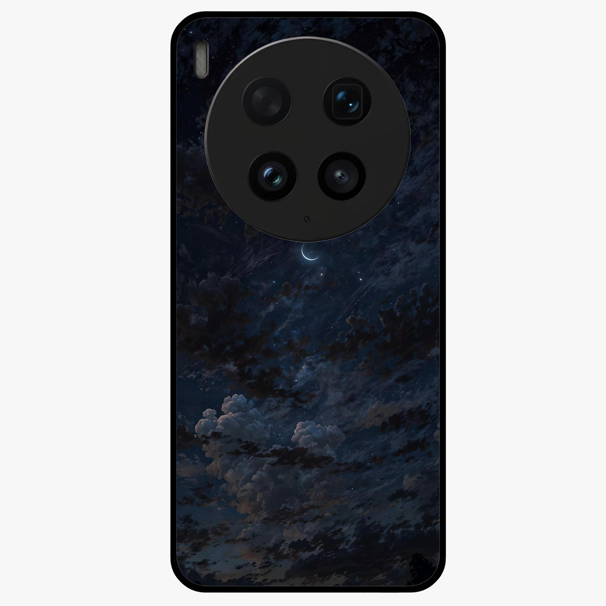 Lunar Veil Silence Glass Case showing flat back view with mystical moon veil artwork and glossy glass finish.