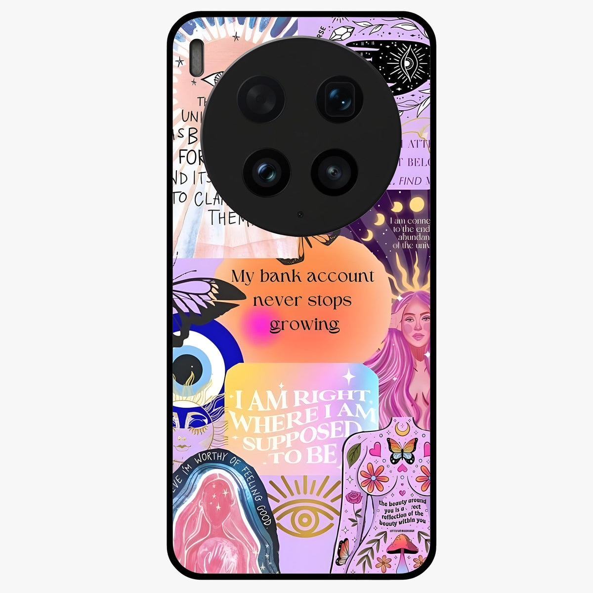 Manifestation Collage Glass Case showing flat back view with motivational collage artwork and glossy glass finish.