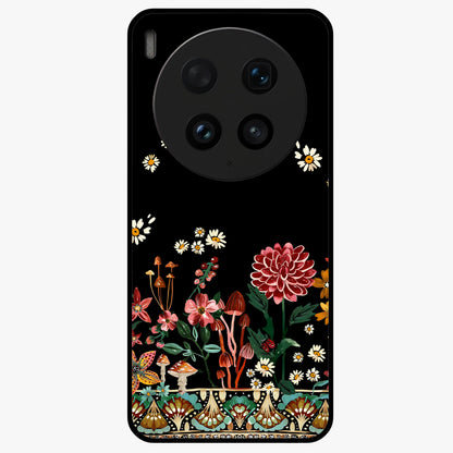Midnight Bloom Pattern Glass Case showing flat back view with dark floral pattern artwork and glossy glass finish.