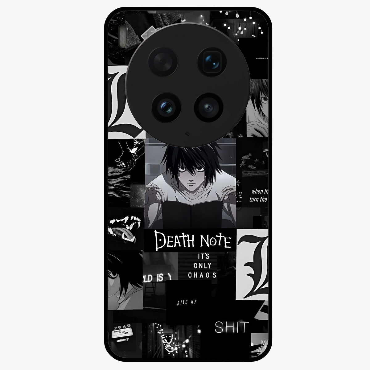 Midnight Chaos Mind Glass Case showing flat back view with abstract dark themed artwork and glossy glass finish.
