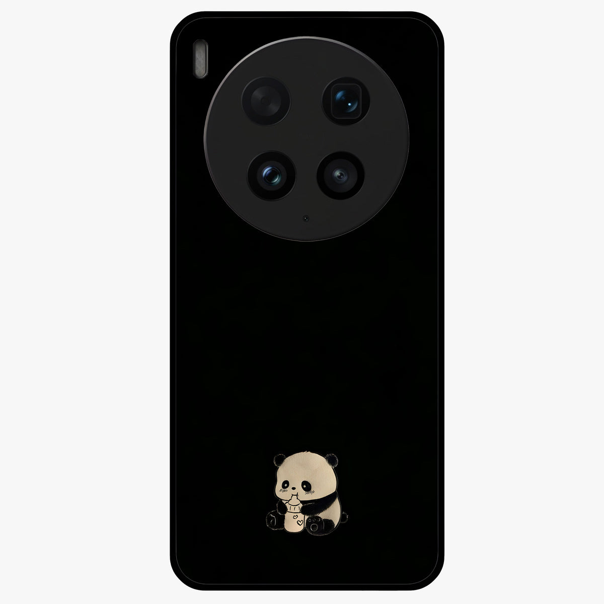 Midnight Panda Love Glass Case showing flat back view with cute panda themed artwork and glossy glass finish.