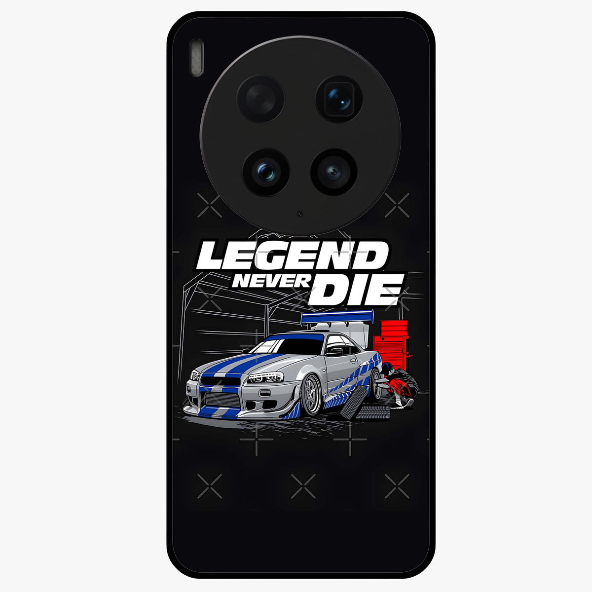 Midnight Racing Legacy Glass Case showing flat back view with sleek racing inspired artwork and glossy glass finish.