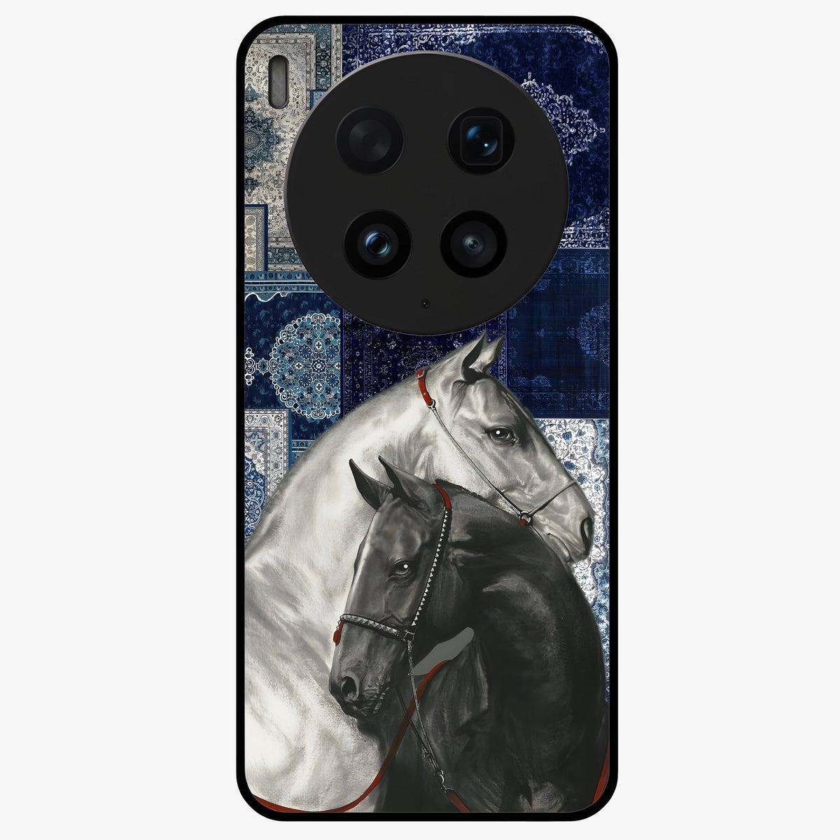 Midnight Stallion Blues Glass Case showing flat back view with majestic horse artwork and glossy glass finish.