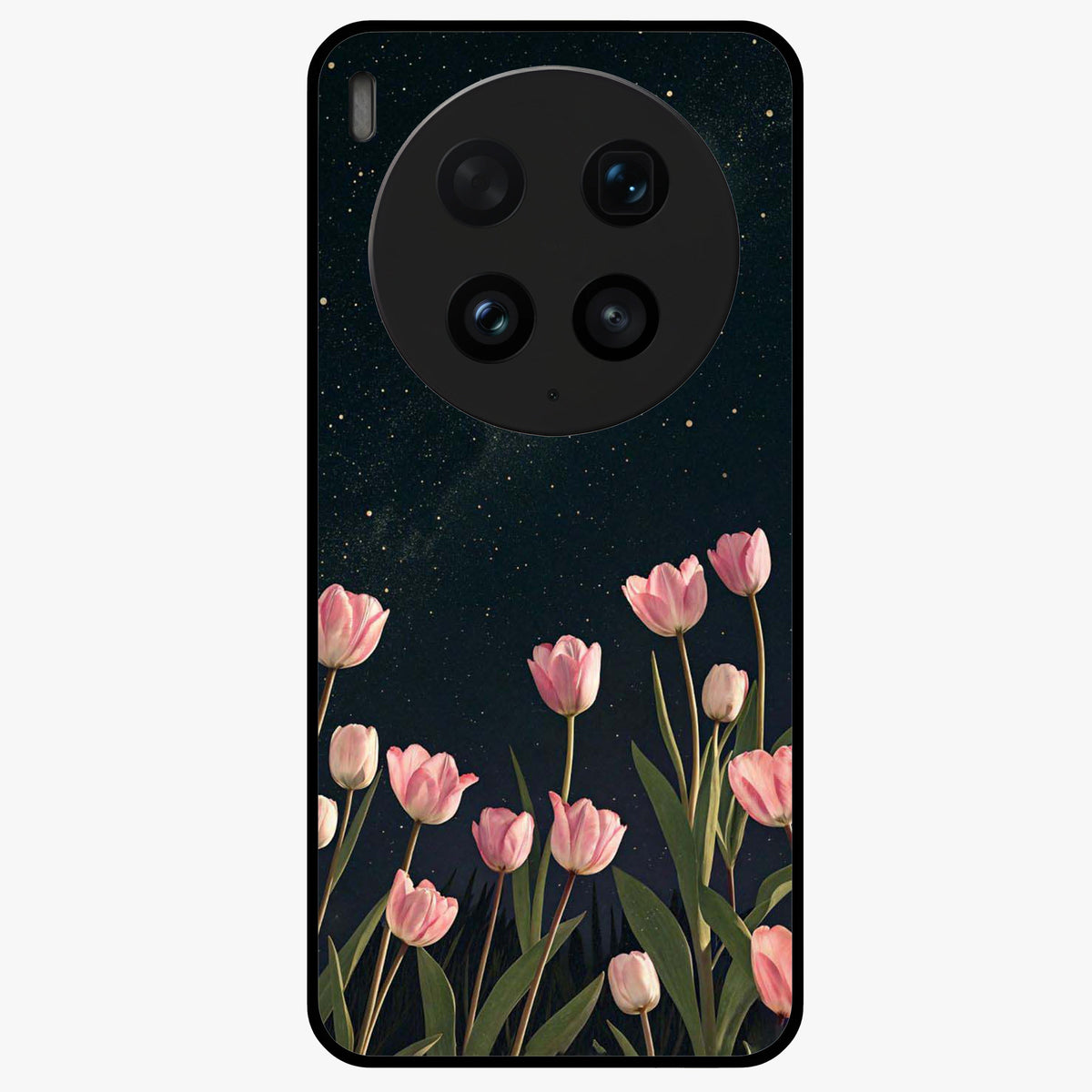 Midnight Tulip Whispers Vibe Glass Case showing flat back view with elegant tulip flower artwork and glossy glass finish.