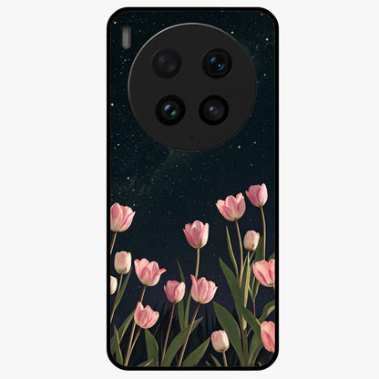 Midnight Tulip Whispers Vibe Glass Case showing flat back view with elegant tulip flower artwork and glossy glass finish.