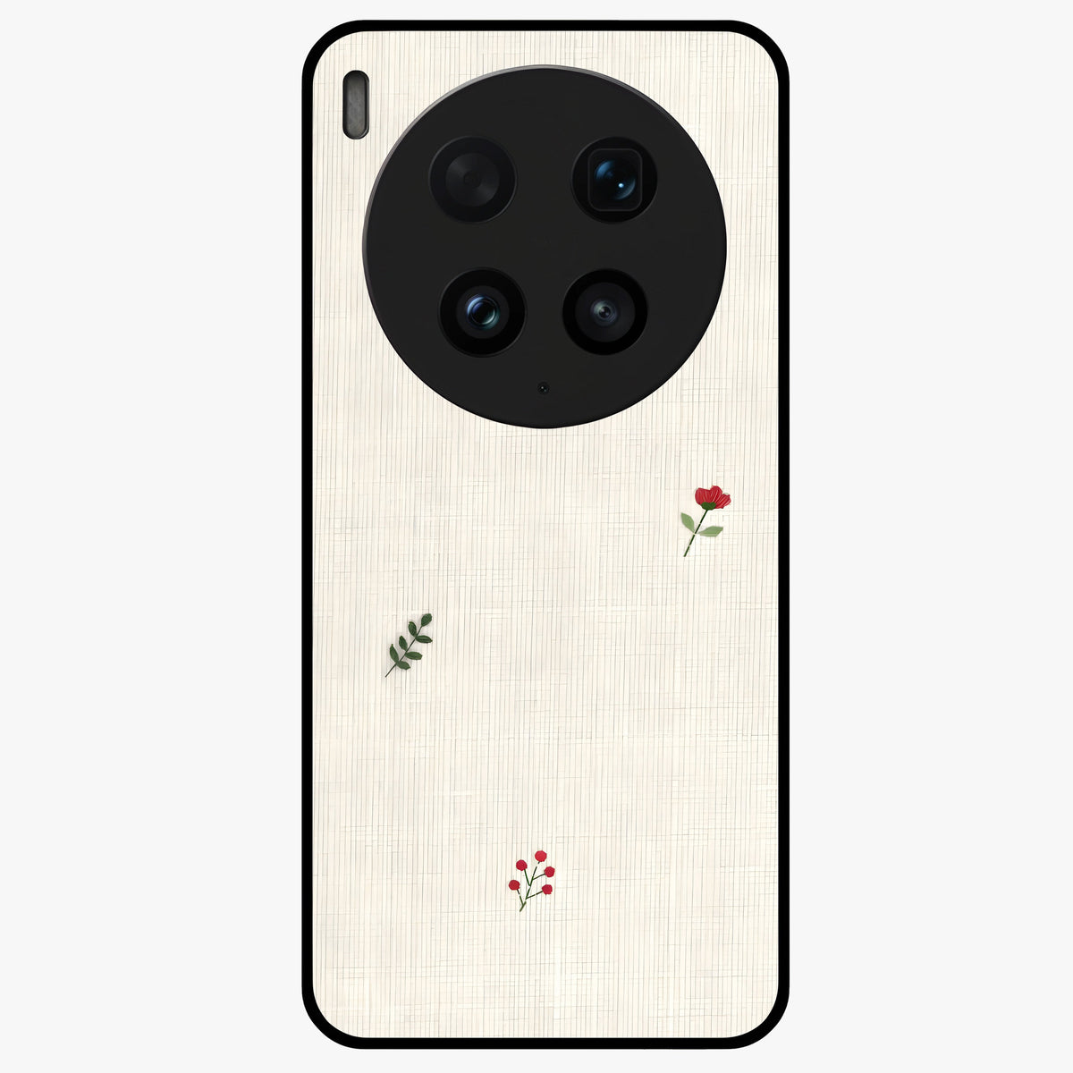 Minimal Petal Whispers Glass Case showing flat back view with soft minimal floral artwork and glossy glass finish.