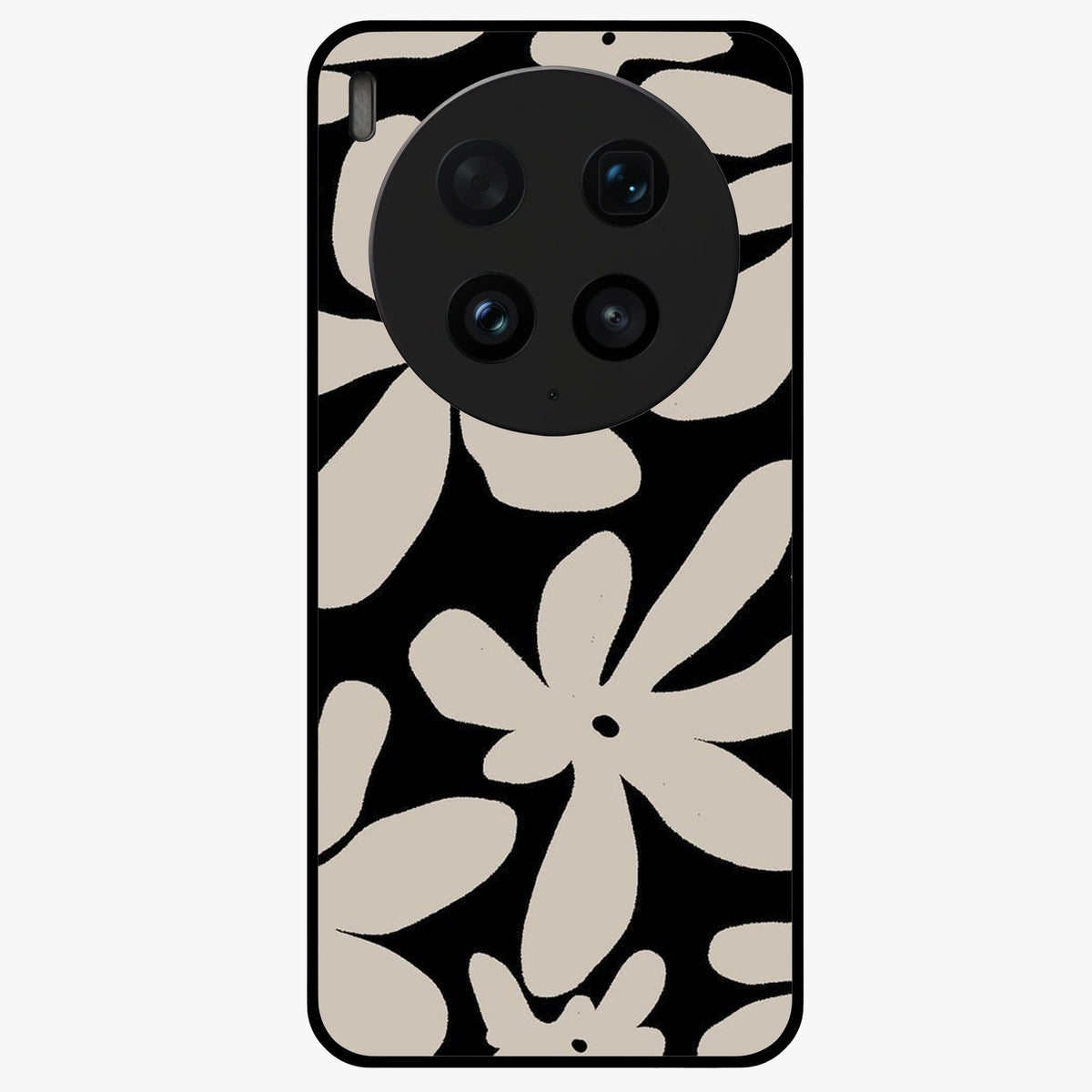Monochrome Petal Dance Glass Case showing flat back view with monochrome floral artwork and glossy glass finish.