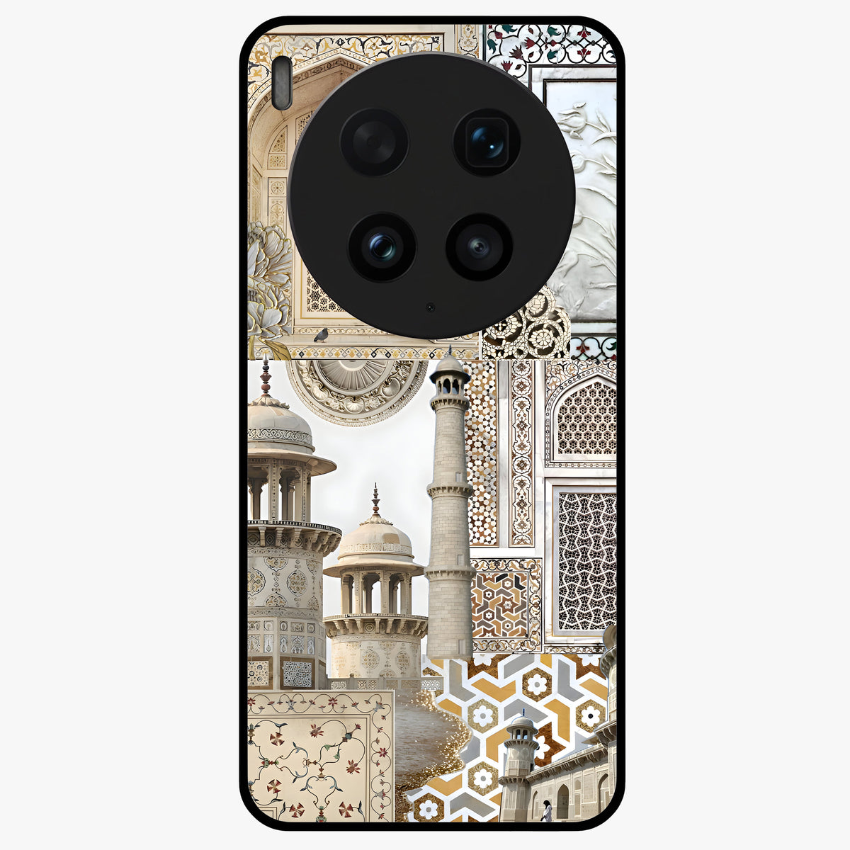 Mughal Marble Legacy Glass Case showing flat back view with intricate Mughal inspired marble pattern and glossy glass finish.