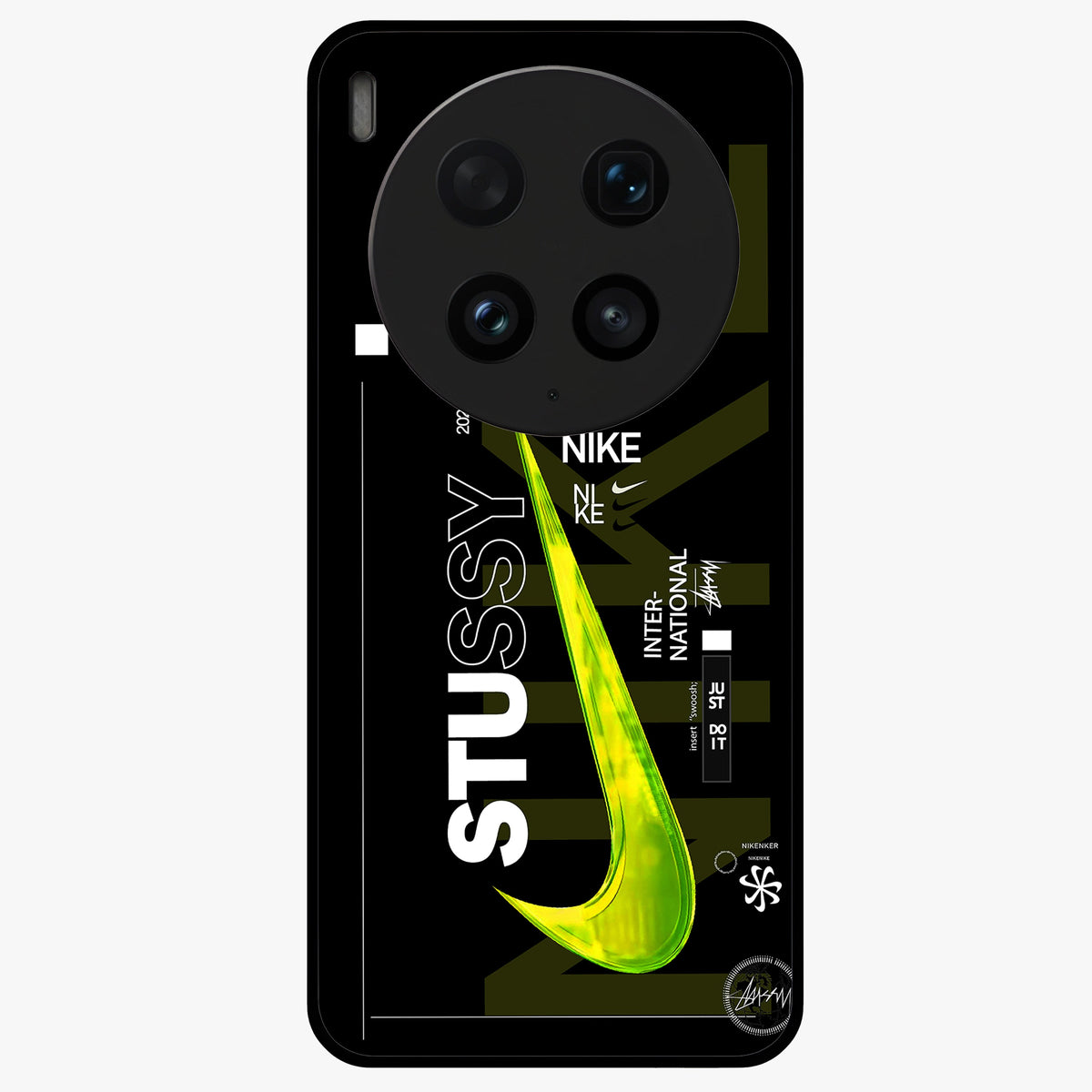 Neon Street Edition Glass Case showing flat back view with neon street style artwork and glossy glass finish.