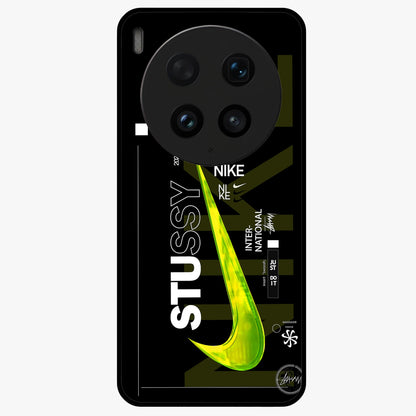 Neon Street Edition Glass Case showing flat back view with neon street style artwork and glossy glass finish.