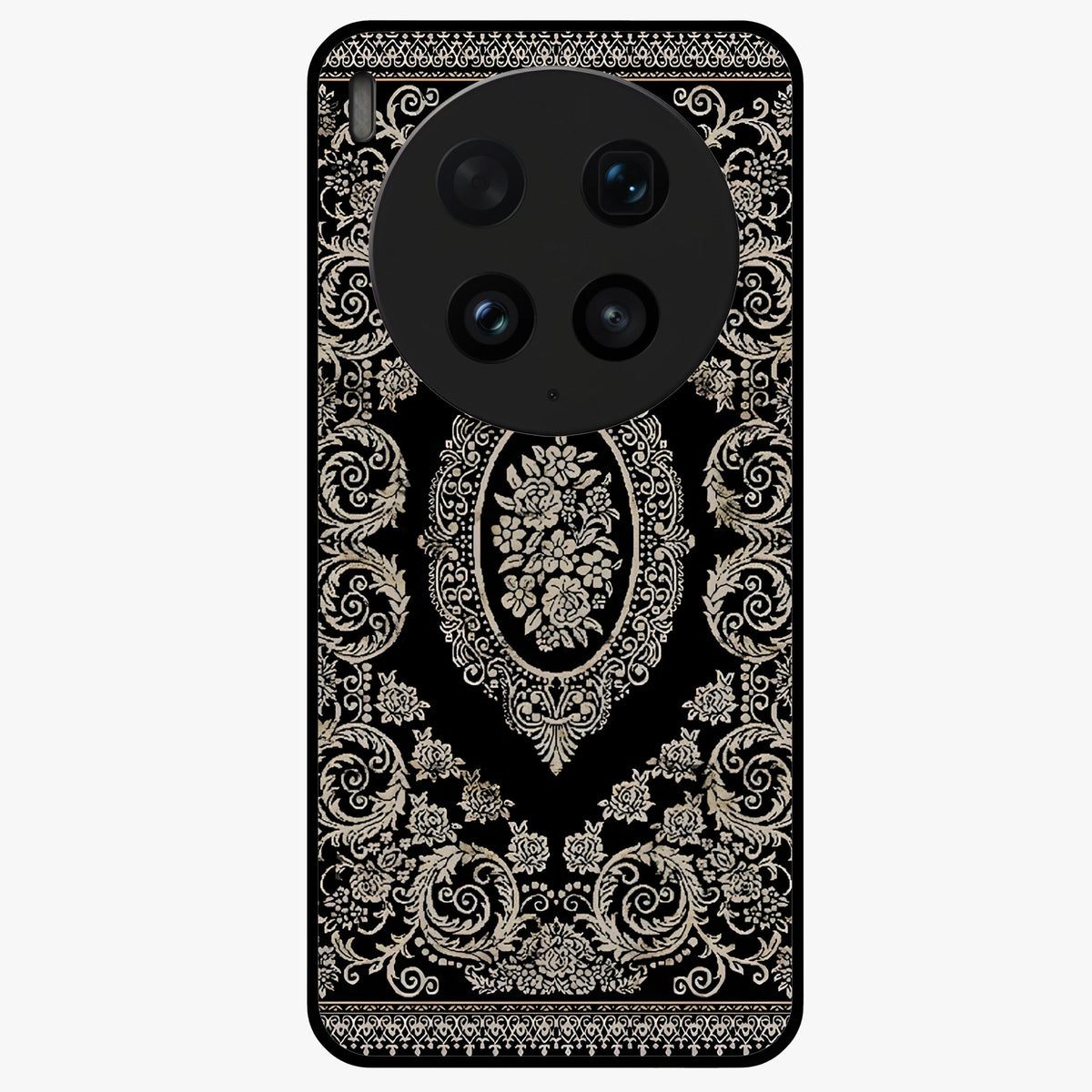 Noir Bloom Elegance Glass Case showing flat back view with elegant dark floral artwork and glossy glass finish.