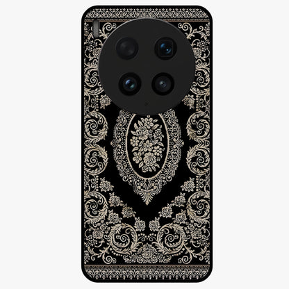 Noir Bloom Elegance Glass Case showing flat back view with elegant dark floral artwork and glossy glass finish.