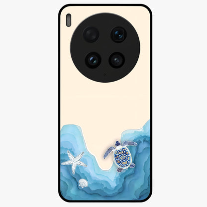 Ocean Drift Turtle Glass Case showing flat back view with sea turtle artwork and glossy glass finish.
