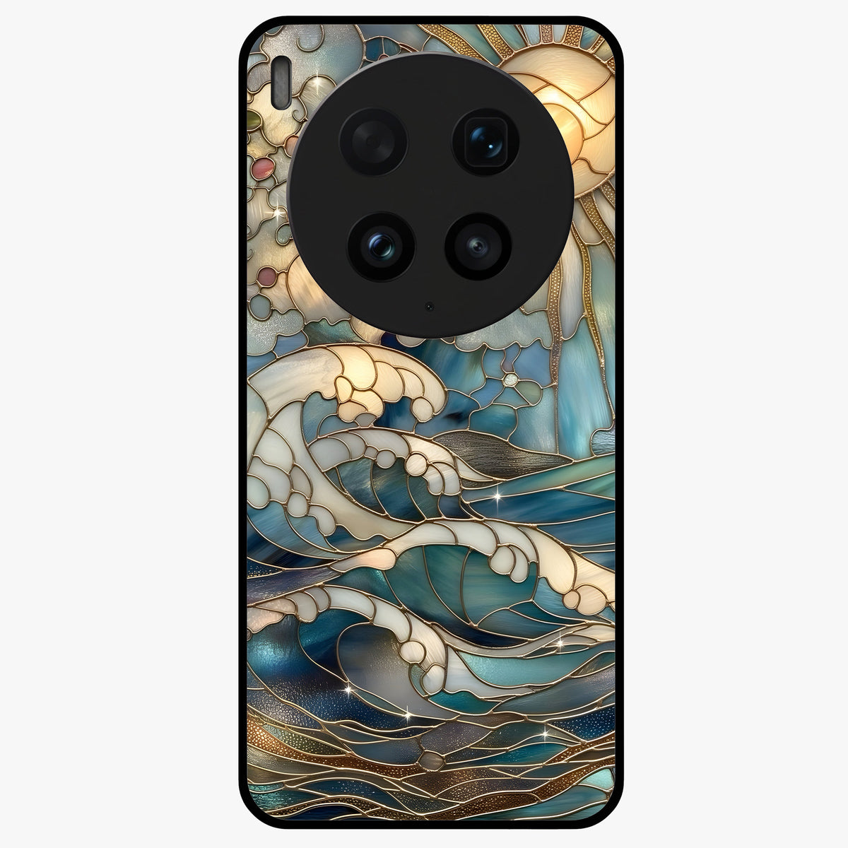 Oceanic Stained Printed Glass Case showing flat back view with ocean inspired stained pattern artwork and glossy glass finish.