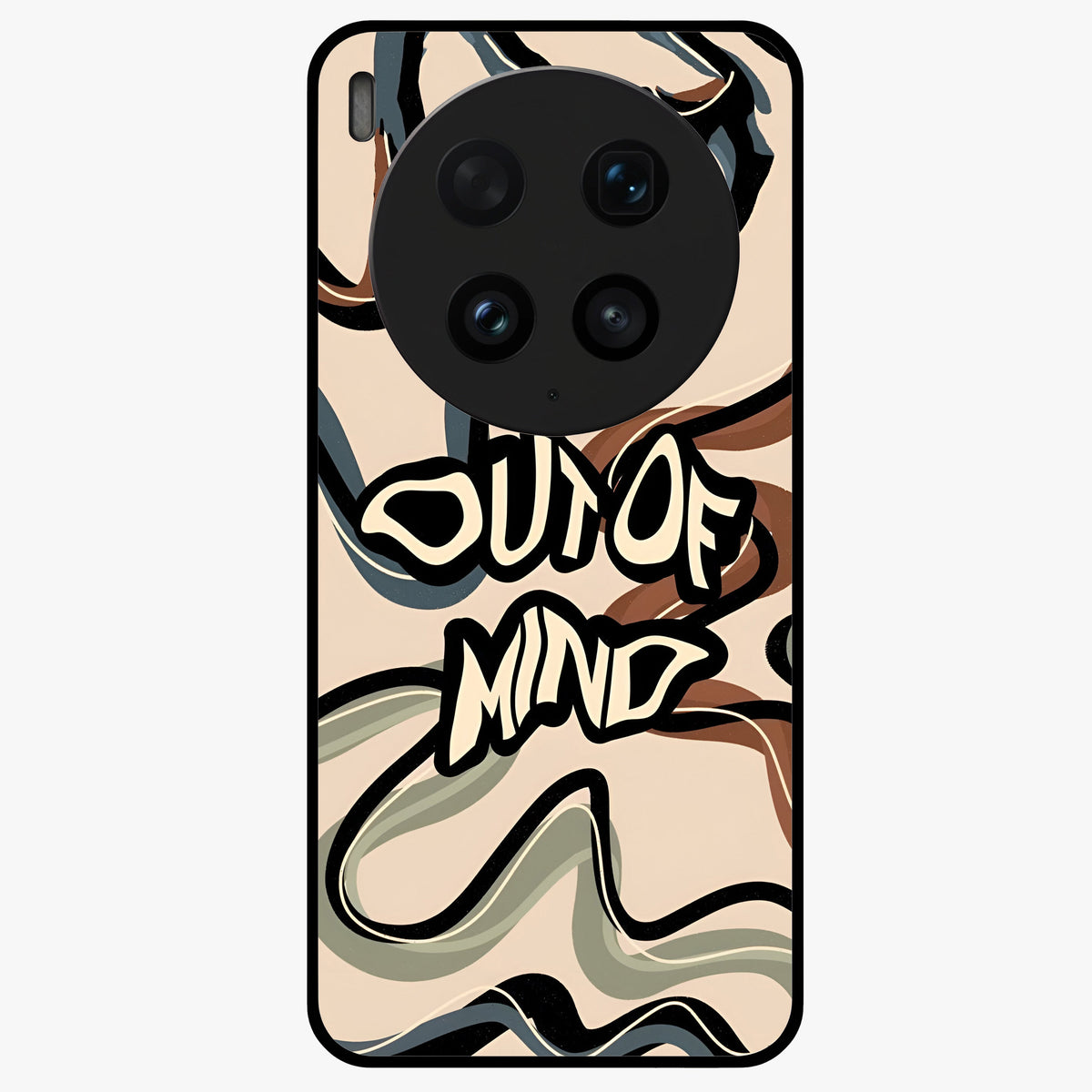 Out Of Mind Glass Case showing flat back view with expressive typography artwork and glossy glass finish.
