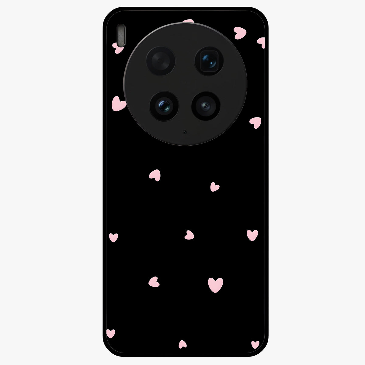 Pink Love Drops Glass Case showing flat back view with playful pink heart drops artwork and glossy glass finish.