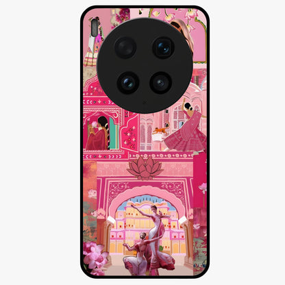 Pink Palace Muse Glass Case showing flat back view with elegant palace inspired artwork and glossy glass finish.