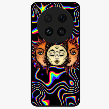 Psychedelic Sun Glass Case showing flat back view with colorful psychedelic sun artwork and glossy glass finish.