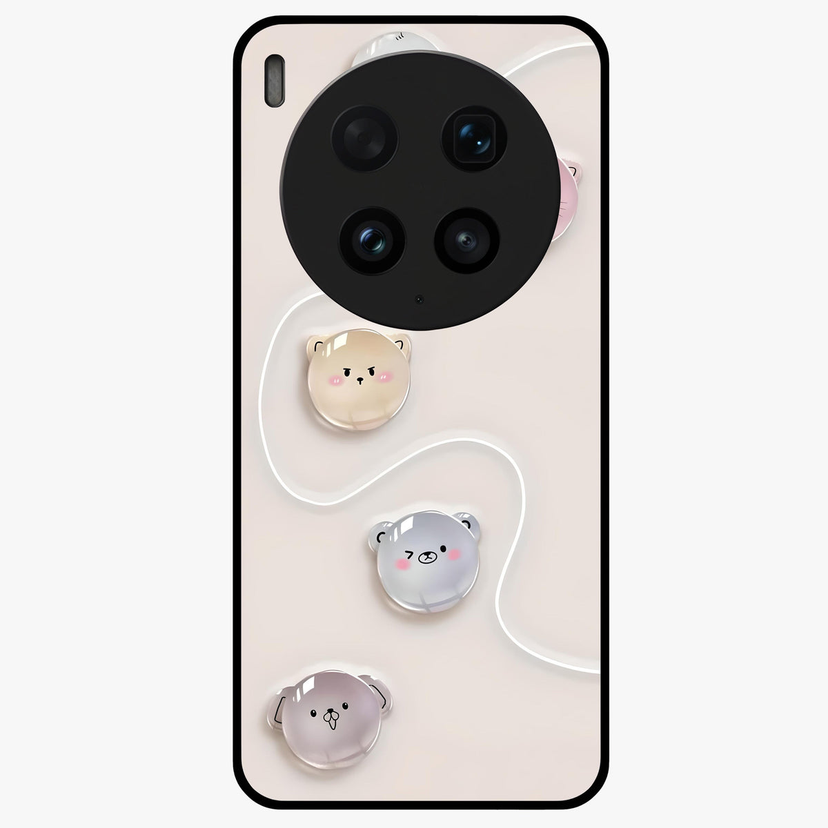 Puffy Face Parade Glass Case showing flat back view with cute puffy character faces artwork and glossy glass finish.