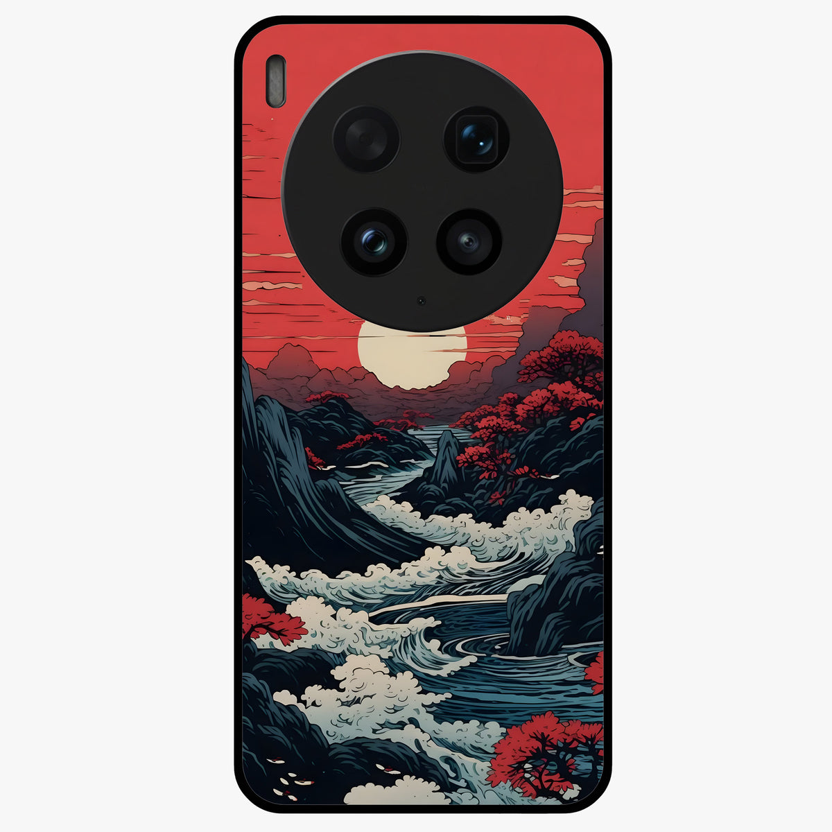 Red Sunset Scenery Glass Case showing flat back view with vibrant sunset landscape artwork and glossy glass finish.