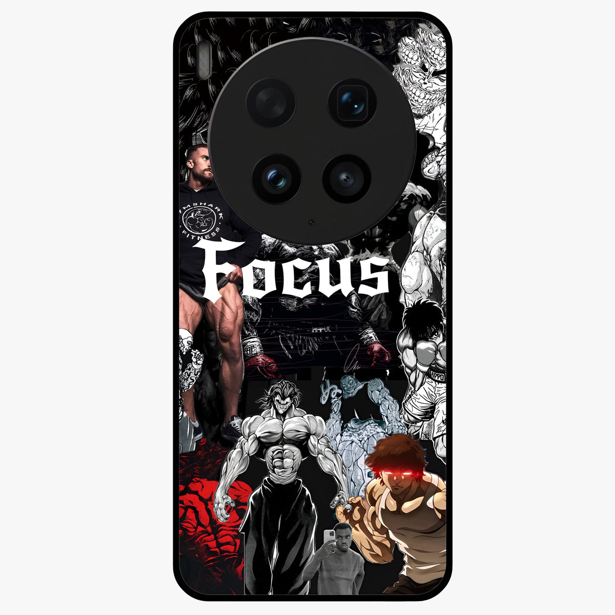 Relentless Power Focus Glass Case showing flat back view with motivational typography artwork and glossy glass finish.