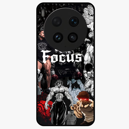 Relentless Power Focus Glass Case showing flat back view with motivational typography artwork and glossy glass finish.