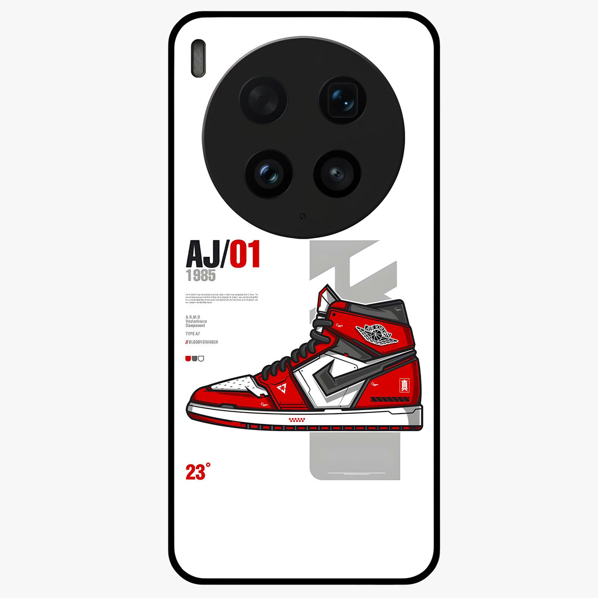 Retro Sneaker Blueprint Glass Case showing flat back view with sneaker blueprint style artwork and glossy glass finish.