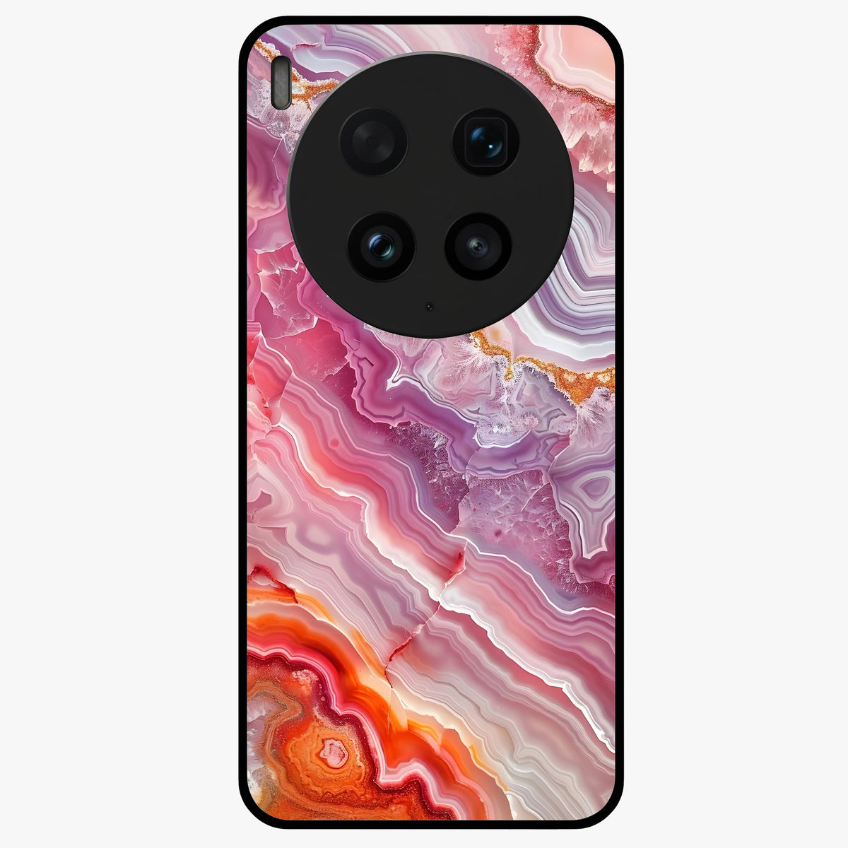Rose Quartz Marble Glass Case showing flat back view with pink marble quartz texture artwork and glossy glass finish.