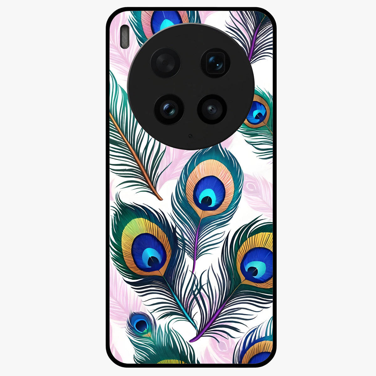Royal Peacock Feathers Glass Case showing flat back view with colorful peacock feather artwork and glossy glass finish.