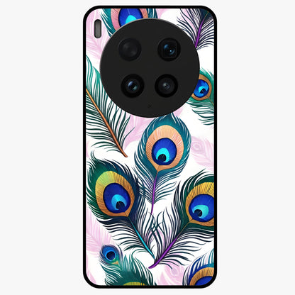 Royal Peacock Feathers Glass Case showing flat back view with colorful peacock feather artwork and glossy glass finish.