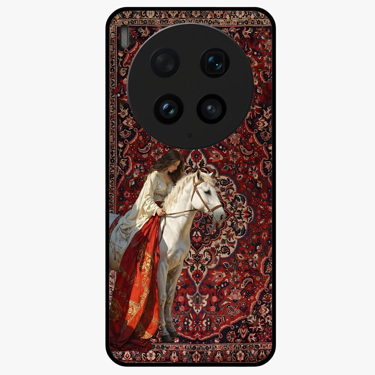 Royal Rider Tapestry Glass Case showing flat back view with majestic horse rider tapestry artwork and glossy glass finish.