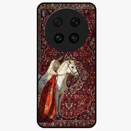 Royal Rider Tapestry Glass Case showing flat back view with majestic horse rider tapestry artwork and glossy glass finish.