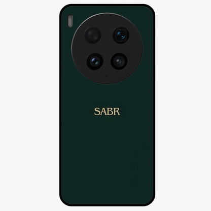 Sabr Minimal Patience Glass Case showing flat back view with minimalist typography artwork and glossy glass finish.