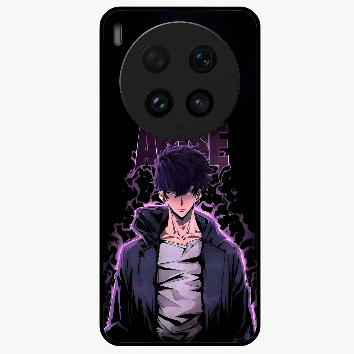 Shadow Monarch Awakening Glass Case showing flat back view with powerful dark monarch themed artwork and glossy glass finish.