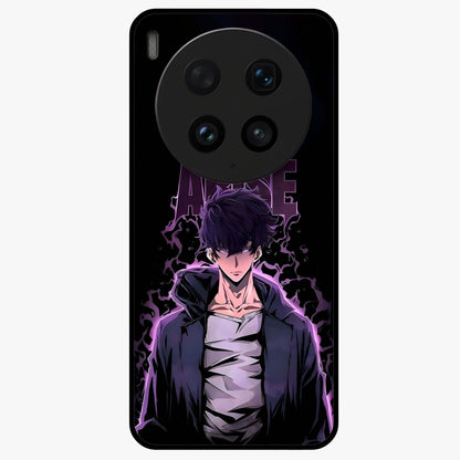 Shadow Monarch Awakening Glass Case showing flat back view with powerful dark monarch themed artwork and glossy glass finish.