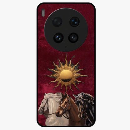 Solar Riders Glass Case showing flat back view with dynamic rider themed artwork and glossy glass finish.