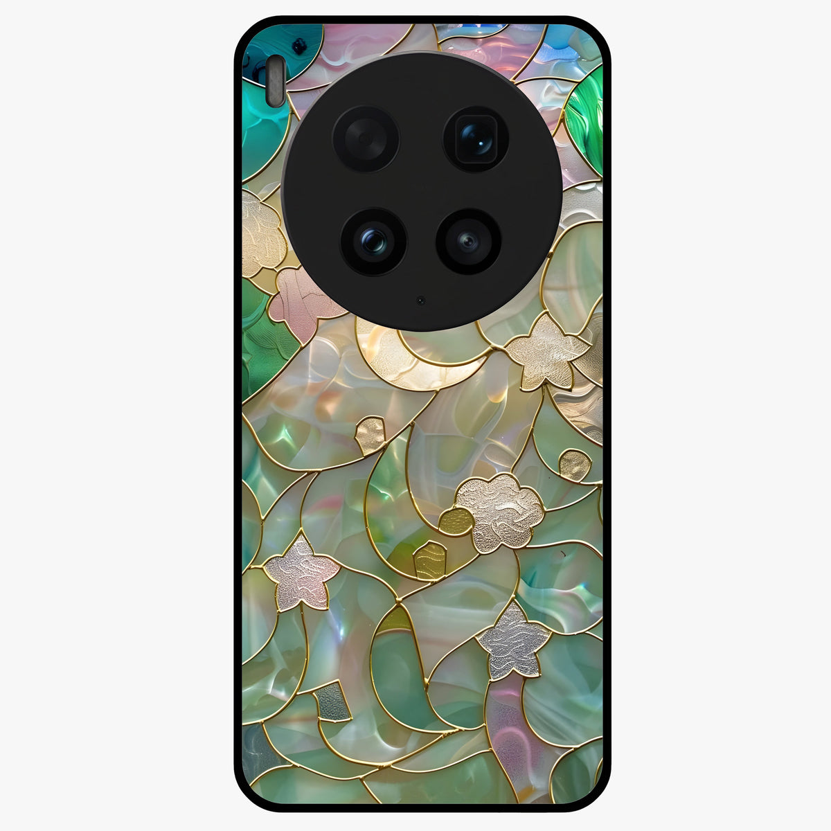 Stained Sunrise Glow Glass Case showing flat back view with glowing sunrise stained pattern artwork and glossy glass finish.