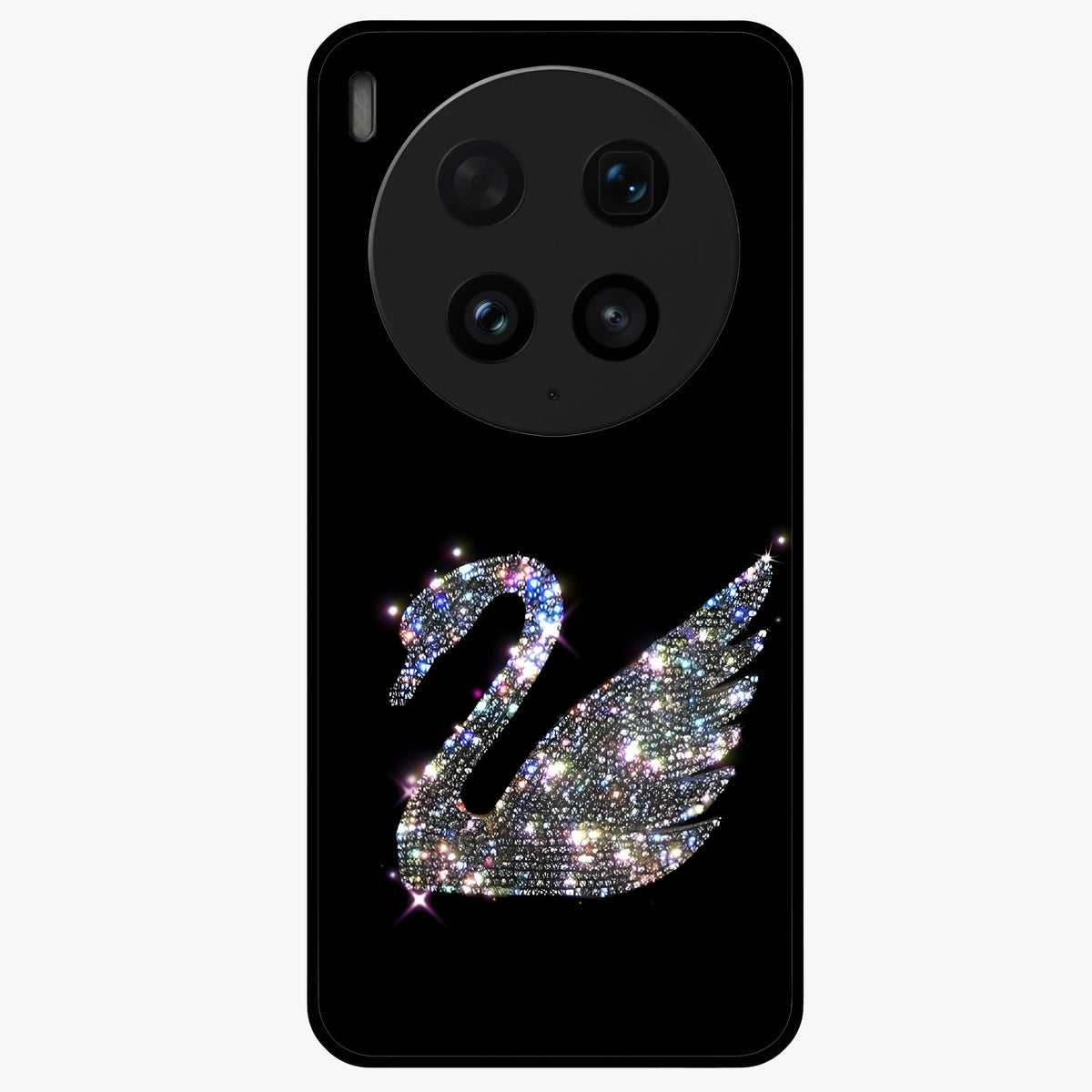 Starlit Swan Grace Glass Case showing flat back view with graceful swan artwork under starry sky and glossy glass finish.