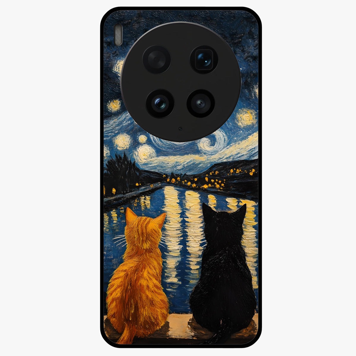Starry River Cats Glass Case showing flat back view with cats by a starry river artwork and glossy glass finish.
