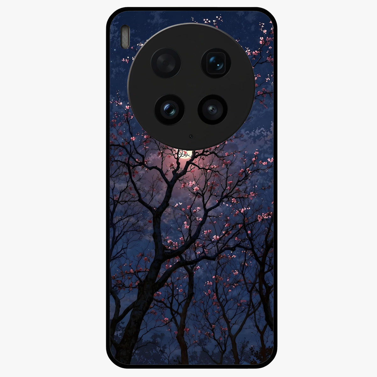 Twilight Sakura Serenade Glass Case showing flat back view with cherry blossom artwork at twilight and glossy glass finish.